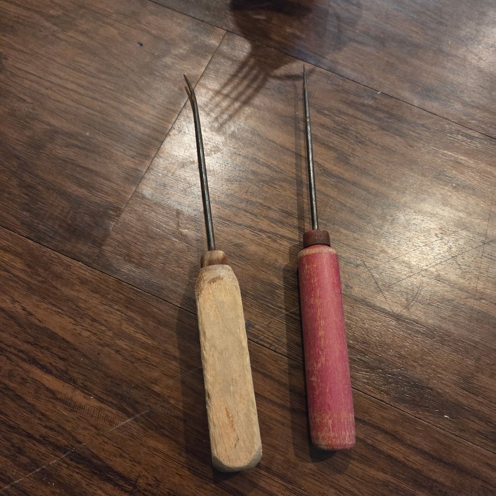 Vintage Wooden Handle Awl Pick Set Rustic Primitive Hand Tools Red Natural Wood